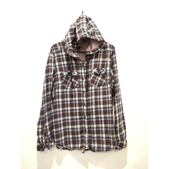 Boston Traders Womens Blue and Purple Plaid Button Down Shirt Jacket Hooded Shac - Picture 2 of 12